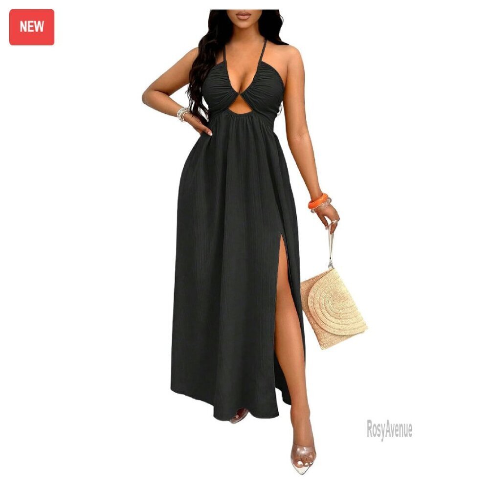 Halter High Slit Long Dress Criss Cross Ruffle Sleeveless Formal Gown